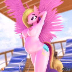 3d alicorn anthro areola ass bangs beach beach_chair belly big_belly big_breasts big_tail blonde_hair breasts casual_nudity closed_smile clothing colored curvy_figure cutie_mark digital_media eqamrd equid equine eyebrows eyelashes female friendship_is_magic hair hand_behind_head happy hasbro horn hourglass_figure long_hair looking_aside mammal mouth_closed multicolored_hair my_little_pony mythological_creature mythological_equine mythology nipples nude outside patreon patreon_logo pink_body pink_horn pink_skin pink_wings pose pregnant pregnant_anthro pregnant_female princess_cadance_(mlp) purple_eyes sky smile solo spread_wings standing summer tail unicorn_horn wings