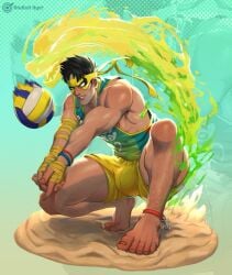 beach beach_volleyball black_hair bulge bulge_through_clothing iron_fist iron_fist_(marvel_rivals) male male_focus male_only marvel marvel_comics marvel_rivals solo_male sport volleyball