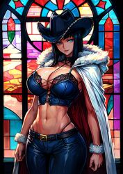 ai_generated belt black_hair blue_eyes bustier cape choker cleavage collar cowboy_hat cuffs curvaceous curvaceous_body curves curvy curvy_body curvy_female curvy_figure female female_only fit_female fur_cape hat hourglass_figure laced_corset leather_pants lipstick long_hair looking_at_viewer midriff navel nico_robin one_piece pre-timeskip smile stable_diffusion stained_glass tampopo thong_above_pants voluptuous voluptuous_female