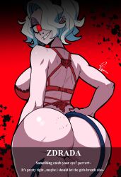 ass ass_focus back backboob bra breasts demon demon_girl devil_tail ear_piercing eyeshadow glowing_eyes hair_over_one_eye hand_on_hip helltaker horns huge_ass large_breasts lingerie lip_piercing looking_at_viewer looking_back makeup nose_piercing panties piercings red_eyes short_hair smile tail text thick_thighs thieviusa thighs underwear white_hair zdrada_(helltaker)