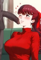 1boy 1girls ai_generated bedroom blush breasts cock_slap dark-skinned_male dark_skin erect_penis erection heart human interracial kasumi_yoshizawa light-skinned_female light_skin light_skinned_female one_eye_closed penis penis_on_cheek penis_on_face persona persona_5 ponytail red_eyes red_hair red_ribbon smile stable_diffusion sweater teenager testicles turtleneck turtleneck_sweater veiny_penis wink