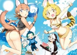 1boy 4girls ahoge animal_ears animal_print apron ass ass_focus ball beach beachball bikini bikini_under_clothes blowhole blue_eyes blue_hair blue_shirt bodysuit bra brown_hair california_sea_lion_(kemono_friends) caracal_(kemono_friends) cleavage clenched_hand clenched_hands closed_eyes cloud collarbone common_bottlenose_dolphin_(kemono_friends) cooking day diving_suit dot_nose extra_ears feet fingerless_gloves flip-flops flipped_hair food frilled_bikini frills fruit glasses gloves gradient_hair green_hair grey_hair happy highres jacket japari_symbol jumping kemono_friends kyururu_(kemono_friends) leg_up legs long_hair looking_at_viewer multicolored_hair multiple_girls naitou_ryuu navel open_mouth orange_bikini orange_hair outdoors sandals scarf serval_(kemono_friends) serval_print shirt short_hair sidelocks sky smile sparkle spatula stretching summer sun surprised swimsuit t-shirt tail two-tone_hair underwear water watermelon waves wetsuit wristband yakisoba yellow_eyes