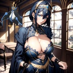 ai ai_generated blue_eyes blue_hair castle dress empoleon empolina headdress huge_breasts humanization nintendo pokemon pokewomen short_hair standing