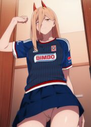 adidas ai_generated ai_hands bimbo_(bakery) chainsaw_man chivas club_deportivo_guadalajara grupo_bimbo horns liga_mx long_hair looking_at_viewer messirve nekom14 no_panties one_arm_up pepsi pink_hair power_(chainsaw_man) pussy soccer_jersey uncensored upskirt