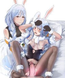 1boy 2girls absurdres animal_ear_fluff animal_ears artist_name black_bodysuit black_leotard black_pantyhose blue_hair bodysuit bodysuit_under_clothes braid braided_ponytail breasts carrot_hair_ornament crocodilefucker detached_sleeves don-chan_(usada_pekora) dress embarrassed english_commentary ffm_threesome food-themed_hair_ornament fuckodilec fur-trimmed_gloves fur_trim gloves group_sex hair_between_eyes hair_ornament hand_on_another's_stomach highres hololive hololive_fantasy hololive_japan imminent_penetration imminent_sex large_breasts leotard long_hair lying mature_female mother_and_daughter multicolored_hair multiple_girls nipples on_back one_breast_out oyakodon_(sex) pantyhose pekomama penis rabbit_ears rabbit_girl rabbit_tail red_eyes short_eyebrows small_breasts straight tail thick_eyebrows threesome torn_clothes torn_pantyhose twin_braids two-tone_hair uncensored usada_pekora virtual_youtuber white_dress white_hair white_sleeves