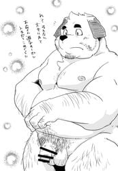 2020 anthro balls belly canid canine canis censored domestic_dog flaccid genitals hi_res humanoid_hands japanese_text kemono male male_only mammal monochrome moobs nipples overweight overweight_anthro overweight_male penis pubes shintatokoro solo text