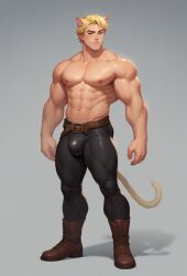 1boy 2024 ai_generated bara barazoku big_bulge blonde_hair bulge cat_ears cat_tail clothing harkonak male male_nipples male_only muscular_male tail tight_clothing