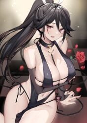 sanshoku_amido large_breasts dress black_hair solo original navel long_hair choker chain blush breasts cleavage red_eyes ponytail rose sitting revealing_clothes panties smile looking_at_viewer flower elbow_gloves