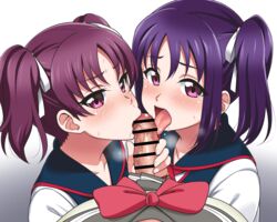 10s 1boy 1futa 2girls bow censored collaborative_fellatio erection fellatio furrowed_eyebrows futa_pov futanari hair_ribbon heavy_breathing kazuno_leah kazuno_sarah looking_back love_live! love_live!_sunshine!! mosaic_censoring multiple_fellatio multiple_girls open_mouth oral penis pink_eyes pleated_skirt pov purple_hair red_bow ribbon school_uniform serafuku siblings side_ponytail sisters skirt sweat teamwork tied_hair tongue tongue_out twintails white_ribbon youkan