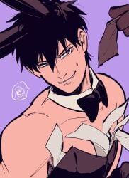 1boy alternate_costume angry annoyed black_hair bowtie bunny_boy bunny_ears bunnysuit crossdressing detached_collar forced_smile gintama hijikata_toshiro male male_focus male_only male_playboy_bunny manly_crossdresser money money_under_clothes muscular muscular_male playboy_bunny prostitution purple_background smile solo sweatdrop syazai_bakari upper_body