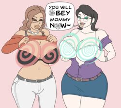 athorment athorment_oc balisk_oc big_breasts black_hair bra brown_hair caption cleavage dani_(balisk) dani_(balisk)_(female) dani_(balisk)_(milf) evelyn_(athorment) evelyn_(athorment)_(female) evelyn_milf_(athor69) glasses huge_breasts hypnosis hypnotic_breasts hypnotizing_viewer latina long_hair looking_at_viewer milf mind_control shirt_lift shirt_pull wide_hips