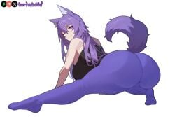 1girls ai_generated ass ass_focus bare_arms bent_over big_breasts breasts cameltoe curvy cute dog_ears dog_girl doggirl female female_focus female_only hair_between_eyes highres hips huge_boobs huge_breasts kemonomimi large_ass legs_apart light_skin light_skinned_female long_hair looking_back looking_back_at_viewer one_eye_closed patreon_username petgirl purple_ears purple_eyes purple_hair purple_tail shirt smirking solo stretching tail thick_thighs thighs tight_clothing tori toriwoofs watermark wavy_hair white_skin wide_hips wink wolf_ears yoga_pants