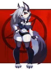 1girls 2024 absurd_res anthro canine demon earrings female female_only fingerless_gloves fur furry grey_hair hand_on_hip hellhound helluva_boss long_hair looking_away loona_(helluva_boss) minishorts narrowed_eyes red_sclera roxy_thefoxy solo spiked_collar thick_thighs thighhighs topwear white_eyes