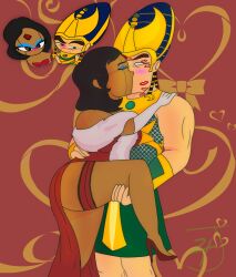 1boy 1girls ancient_egyptian blue_eyeshadow blush closed_eyes clothed dark-skinned_female dark_skin female fully_clothed fur_scarf fur_shawl garter high_heels indigo_(thatbonitabarbie) kahmunrah kiss_mark kissing leg_raise light-skinned_male light_skin lipstick_mark lipstick_mark_on_face male night_at_the_museum oc oc_x_canon pharaoh