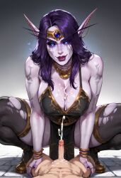 ai_generated big_breasts black_sclera blue_eyes body_markings clothed_female clothed_female_nude_male cum_on_breasts cumshot dominant_female ejaculation elf face_markings femdom jewlery malesub pelvic_curtain purple_hair purple_lipstick purple_skin small_penis smaller_male smiling squatting thick_thighs thighhighs torn_clothes void_corruption_(warcraft) void_elf world_of_warcraft xal'atath