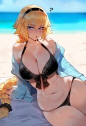 1girls ai_generated artstyle_imitation beach blonde_hair blue_eyes braided_hair breasts fate/grand_order fate_(series) female female_only floox hi_res huge_breasts jeanne_d'arc_(fate) jeanne_d'arc_(swimsuit_archer) light-skinned_female light_skin long_hair outdoors stable_diffusion thiccwithaq_(ai_style) thick_thighs