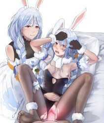 1boy 2girls absurdres animal_ear_fluff animal_ears artist_name black_bodysuit black_leotard black_pantyhose blue_hair bodysuit bodysuit_under_clothes braid braided_ponytail breasts carrot_hair_ornament crocodilefucker detached_sleeves don-chan_(usada_pekora) dress embarrassed english_commentary ffm_threesome food-themed_hair_ornament fuckodilec fur-trimmed_gloves fur_trim gloves group_sex hair_between_eyes hair_ornament hand_on_another's_stomach highres hololive hololive_fantasy hololive_japan large_breasts leotard leotard_aside long_hair looking_at_viewer lying mature_female mother_and_daughter multicolored_hair multiple_girls nipples on_back one_breast_out oyakodon_(sex) pantyhose pekomama penis pussy rabbit_ears rabbit_girl rabbit_tail red_eyes sex short_eyebrows small_breasts straight tail thick_eyebrows threesome torn_clothes torn_pantyhose twin_braids two-tone_hair uncensored usada_pekora vaginal_penetration virtual_youtuber white_dress white_hair white_sleeves