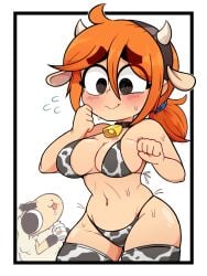 bell_collar big_breasts bikini blush cow_ears cow_girl cow_horns cute drawmatt embarrassed matt_lewduwu orange_hair sheep sheep_(drawmatt) tagme thick_thighs white_background