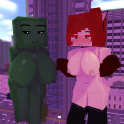 2girls 3d alyx_(mineporncraft) big_breasts city erect_nipples female giantess goolbabe green_eyes horny_female human macro mine-imator minecraft mineporncraft outside red_hair slime_girl street tagme warden_(minecraft) wet_pussy