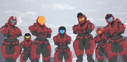 2020s 2024 2d 2d_(artwork) 7girls armor armored armored_female arms_crossed big_thighs female female_focus female_only halo_(series) helmet hi_res highres hips large_thighs looking_at_viewer mask masked masked_female multiple_girls power_armor slim_waist spartan_(halo) spartandoodles thick_thighs thighs wide_hips