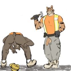 anthro armor balls bear beefy bent_over brown_bear clothed clothing cocky construction_site construction_worker daddy dickinoatmeal duo felid foreskin fraternity genitals hammer hard_hat headgear helmet hi_res humanoid male male/male male_only mammal manly no_underwear pantherine penis public public_nudity saggy_balls sex simple_background tiger tool_belt tools ursine white_background work_boots work_gloves worker