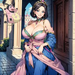 ai ai_generated black_hair blue_eyes castle dress headdress huge_breasts humanization humanized humanized_pokemon mill miltank nintendo pokemon pokewomen short_hair standing