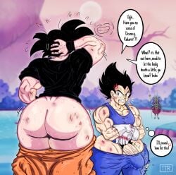 2boys angry_symbol annoyed annoyed_expression arguing back_view background_character battle_damage beerus'planet big_ass big_butt black_clothing black_hair bleeding_from_mouth blood blue_clothing boner bruise bulge dialog dialogue digital_drawing_(artwork) digital_media_(artwork) dilf dragon_ball dragon_ball_heroes dragon_ball_super dragon_ball_z erect_nipples_under_clothes erect_penis erection facing_away_from_viewer femboy femboy_dilf feminine_body gloves goku gym_uniform himbo kakavege kojoarts light-skinned_male male male/male male_only martial_arts_uniform muscular_male pants_around_thighs pants_down penis penis_out penis_visible_through_pants prince_vegeta rough saiyan scratches scratching_head shonen_jump smile son_goku speech_bubble spiky_hair sweat sweatdrop text text_bubble thick_ass thick_thighs training twitch_lines twitching_penis vegeta veiny_penis voluptuous whis wide_hips wide_thighs