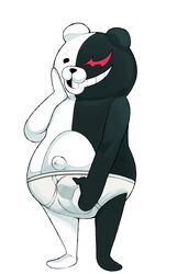 absurd_res black_body black_fur black_nose briefs bulge clothing danganronpa eroborus front_view fur genetic_chimerism grin hi_res male male_only mammal monokuma navel simple_background smile smooth_skin solo standing teeth tighty_whities underwear ursid white_background white_body white_clothing white_fur white_underwear