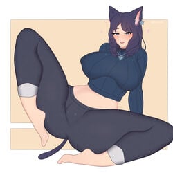 blue_eyes blue_hair blush cat_ears cat_tail pants saecchi shirt yoga_pants