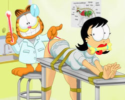 1boy 1girls anatomy anthro ass bit_gag black_eyes black_hair bondage bone bound breasts character_name clothed clothing doctor duo feline female femsub gag gagged garfield_(series) garfield_the_cat liz_wilson looking_at_viewer male nickelodeon paws,_inc. short_hair smile table thermometer