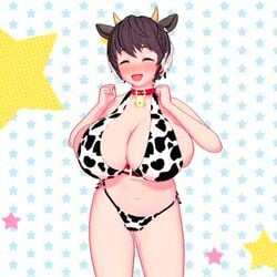 3d animated bell big_breasts bikini blush bouncing_breasts collar cow_girl cow_print harimau_mmd2 headphones idolmaster large_breasts looking_at_viewer no_sound oikawa_shizuku open_mouth short_hair smile swimsuit tagme video