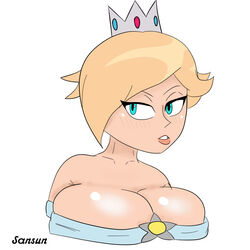 1girls big_breasts blonde_hair blue_eyes cleavage female female_only hair_over_one_eye huge_breasts human human_only mario_(series) nintendo plump princess princess_rosalina royalty sansun super_mario_galaxy thick voluptuous white_background