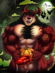 1boy abaddonstrife bara demon_wolf male_only muscles penis pumpkin solo_male