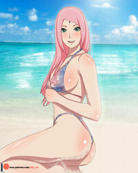 1girls abp_art alternate_hairstyle ass bangs bare_shoulders beach bent_elbow bikini blue_sky blush boruto:_naruto_next_generations breasts clavicle cloud day facial_mark female female_only female_solo forehead_mark green_eyes kneeling large_breasts legs_together long_hair looking_at_viewer medium_ass naruto open_eyes open_mouth outdoors parted_bangs pink_eyebrows pink_hair sakura_haruno sand shiny shiny_skin side_view sidelocks sky smile solo straight_hair swimsuit teeth thighs thong thong_bikini water