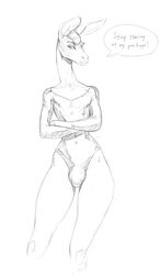 anthro balls clothed clothing crossed_arms dialogue english_text equid equine eyelashes fur genitals girly greyscale hair leotard lips long_neck male mammal monochrome penis sketch solo standing text wide_hips zaggatar zebra