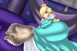 1girls ass barefoot blonde_hair blue_dress blue_eyes breasts butt clothed clothing cum cum_on_feet cum_on_soles cumdrip dirty_feet dirty_soles dress feet female female_only foot_fetish foot_focus hair_over_one_eye indoors long_hair looking_at_viewer lying mario_(series) nintendo omegazero01 one_eye_covered pink_toenails pov_feet presenting_feet princess_rosalina soles solo super_mario_galaxy toenails toes