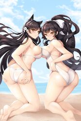 2girls atago_(azur_lane) atago_(summer_march)_(azur_lane) azur_lane beach bikini black_hair female female_only koflif light-skinned_female light_skin looking_at_viewer multiple_girls ocean sakura_empire_(azur_lane) sisters swimsuit takao_(azur_lane) takao_(beach_rhapsody)_(azur_lane) white_bikini white_swimsuit yellow_eyes