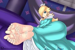 1girls ass bare_shoulders barefoot blonde_hair blue_dress blue_eyes breasts butt clothed clothed_female clothing cum cum_on_feet cum_on_soles dress feet female female_only foot_fetish foot_focus hair_over_one_eye indoors long_hair looking_at_viewer lying mario_(series) nintendo omegazero01 one_eye_covered pink_toenails pov_feet presenting_feet princess_rosalina soles solo super_mario_galaxy toenails toes url