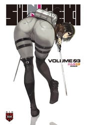 1girls ass ass_focus attack_on_titan bent_over big_ass black_eyes black_hair boots cameltoe cover crotch dual_wielding female from_behind highres holding huge_ass jacket jeans knee_boots leaning_forward looking_at_viewer looking_back mikasa_ackerman namaniku_atk pantylines shingeki_no_kyojin short_hair simple_background skin_tight solo sword thigh_boots thigh_gap thighhighs tight_jeans tight_pants weapon white_background