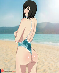 1girls abp_art ass beach black_eyes black_hair blush crossed_arms day female female_only lipstick looking_at_viewer looking_back naruto naruto_shippuden ocean sand shizune short_hair sky smile solo swimsuit