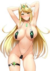 1girls armpits arms_above_head arms_behind_head arms_up barely_clothed blonde_hair blush choker ear_piercing earrings female front_view gem gold_eyes hair_ornament halcon hands_behind_head harukon_(halcon) hikari_(xenoblade_2) huge_breasts jewel long_hair looking_at_viewer micro_bikini mythra navel nintendo partially_clothed piercing sling_bikini swimsuit thigh_band thigh_gap tiara very_long_hair white_background xenoblade_(series) xenoblade_chronicles_2 yellow_eyes