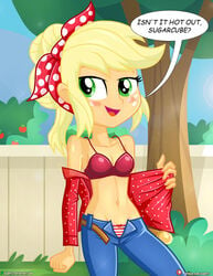 applejack_(eg) applejack_(mlp) bra equestria_girls humanized mauroz my_little_pony open_shirt outdoors panties smooth_skin solo striped_panties unzipped_pants