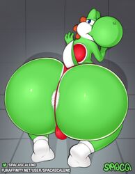 ass balls big_butt blue_eyes butt butt_crack clothed clothing digital_media_(artwork) dinosaur feral g-string genitals green_yoshi hi_res huge_butt hyper hyper_butt looking_at_viewer male male_only mammal mario_(series) nintendo reptile scalie solo spaca text underwear video_games yoshi