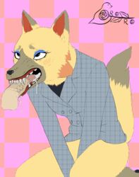 2020 animal_crossing anthro black_eyes brown_fur canine cum cum_in_mouth fellatio female fur gororo_(artist) kneeling looking_up makeup male mammal nintendo oral partially_clothed penis saliva sex straight tail teeth veiny_penis vivian_(animal_crossing) watermark wolf wolf_ears