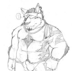 2014 anthro belly bulge canid canine canis clothing erection erection_under_clothing hi_res kemono male male_only mammal moobs nipples overweight overweight_male solo tattoo underwear v2wolf wolf