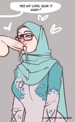 blowjob bolapistarize clothing cum cum_in_mouth cum_inside fellatio glasses hijab oral penis text white_skin