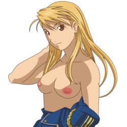 1girls blonde_hair breasts brown_eyes female fullmetal_alchemist fullmetal_alchemist_brotherhood long_hair riza_hawkeye shirtless solo