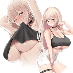 1girls armpits arms_behind_head arms_up bangs bare_shoulders big_breasts black_tank_top blonde_hair blunt_bangs blush breasts choker cleavage collarbone cropped_shirt ear_piercing earrings female_only gyaru highres hoop_earrings jewelry large_breasts long_hair looking_at_viewer mouth_hold multiple_views nakamura_misaki nanae navel one_eye_closed open_mouth original original_character piercing purple_eyes shorts simple_background tank_top thigh_strap thighs underboob white_background white_shorts