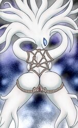 abstract_background ass blue_eyes bondage hollow_knight large_ass plant plant_girl plant_humanoid presenting presenting_hindquarters presenting_pussy pussy ropes tentacle_hair white_lady_(hollow_knight) white_skin