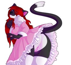 1girls alpha_channel anthro bluetashi bottomless_skirt clothing domestic_cat dress felid feline felis female female_only genitals hair kitty_(character) legwear long_hair maid_uniform mammal no_panties pussy raised_tail red_hair solo stockings uniform upskirt